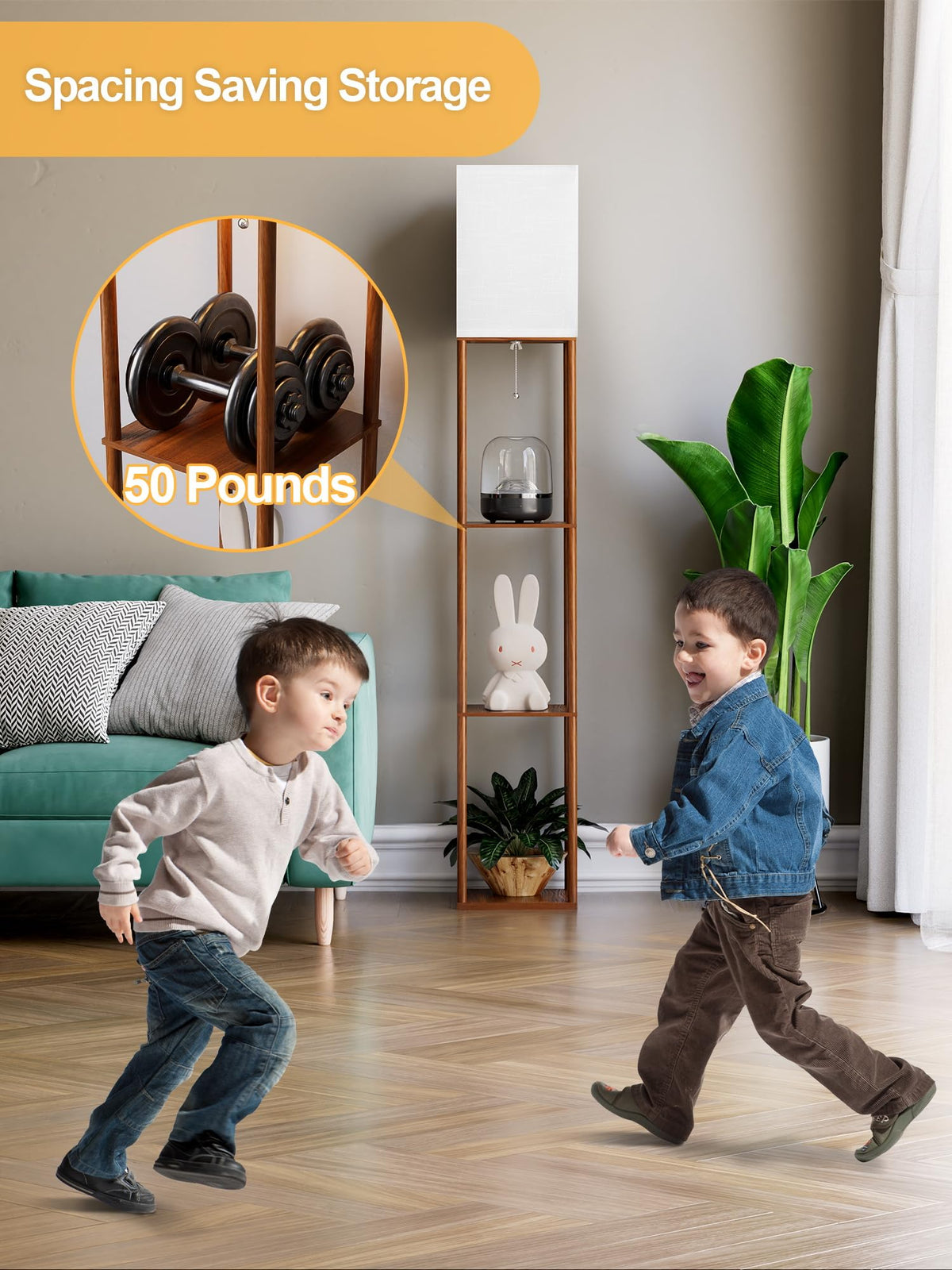 Floor Lamp with Shelves Walnut Brown, Shelf Floor Lamp with 3 CCT LED Bulb, Corner Display Standing Column Lamp