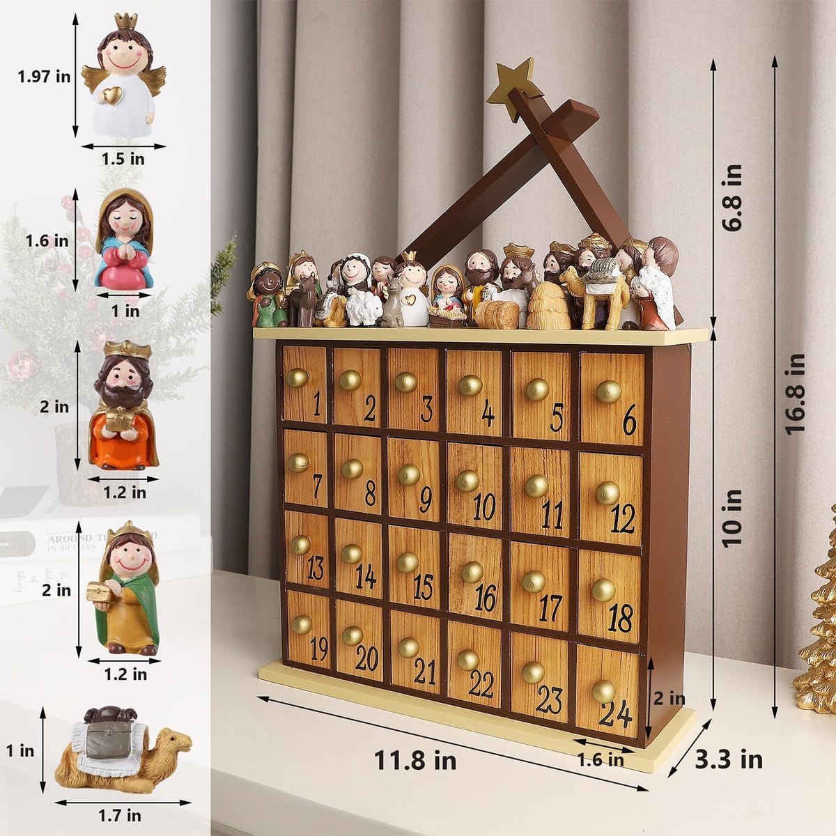 Nativity Advent Calendar, Countdown to Christmas Advent Calendar with 24 Pieces Figures & 24 Drawers, Christian