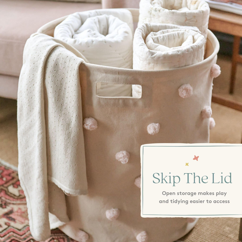 Pom Pom Basket, Hamper, Blush, Cotton Canvas Storage, 18"D x 20"H