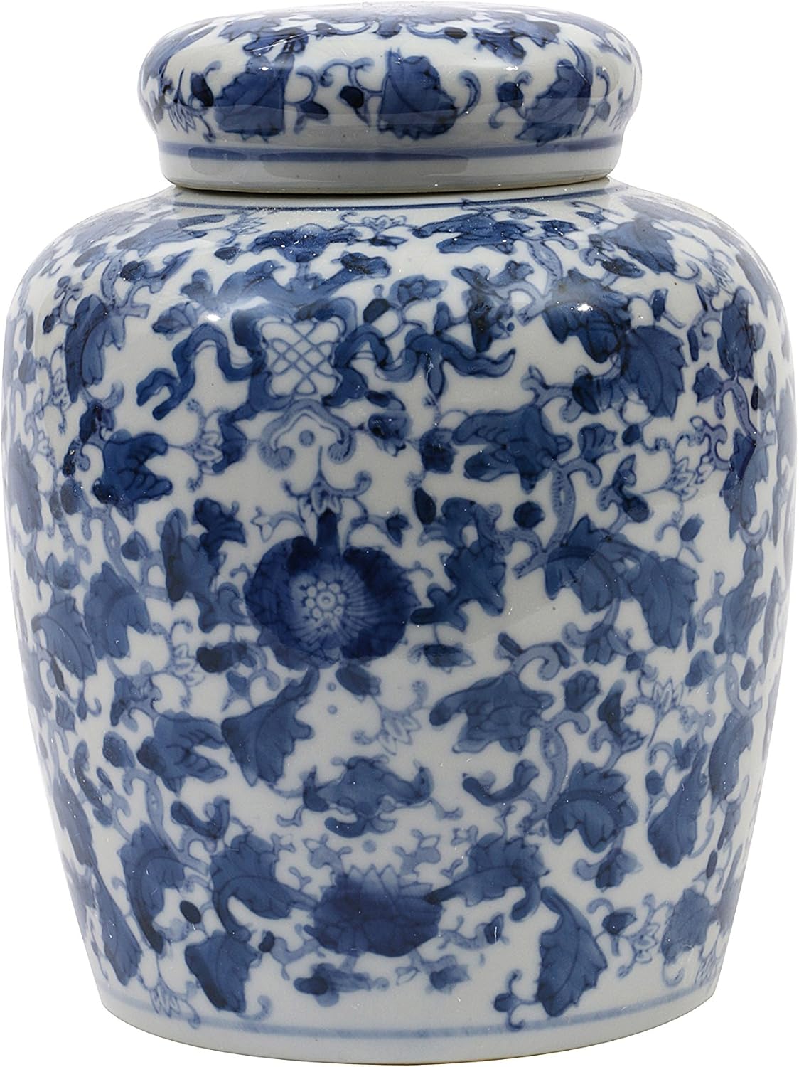 Medium Decorative Ceramic Ginger Jar with Lid, Blue and White Floral Pattern