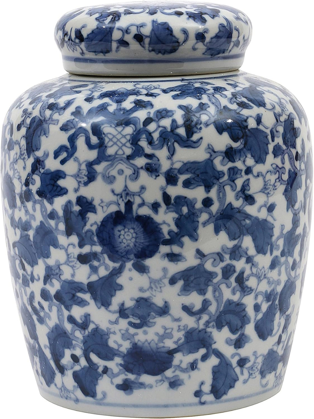 Medium Decorative Ceramic Ginger Jar with Lid, Blue and White Floral Pattern