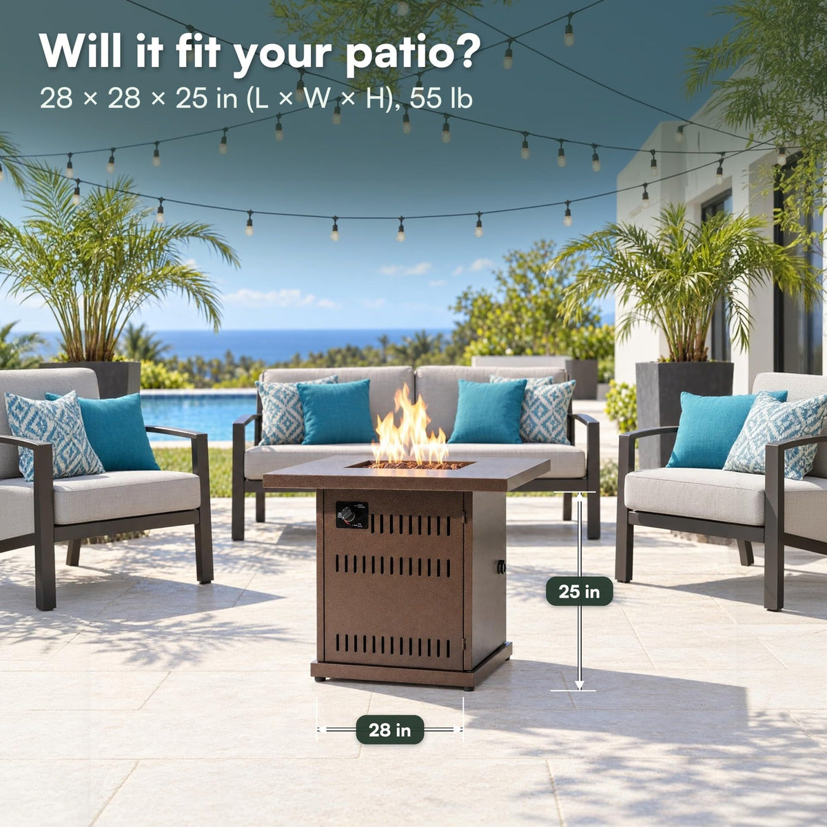 28" Square Steel Propane Propane Fire Pit Table Patio Heater 50, 000 BTU