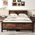 Metal Queen Size Platform Bed Frame with Wood Headboard and Footboard, Industrial Heavy Duty Queen Bed Frame w/Strong