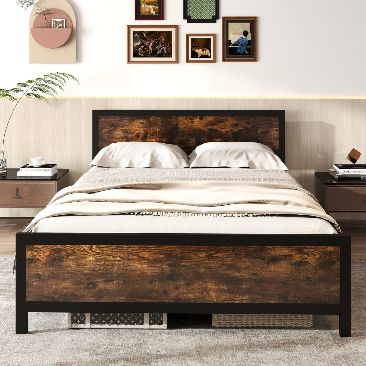 Metal Queen Size Platform Bed Frame with Wood Headboard and Footboard, Industrial Heavy Duty Queen Bed Frame w/Strong