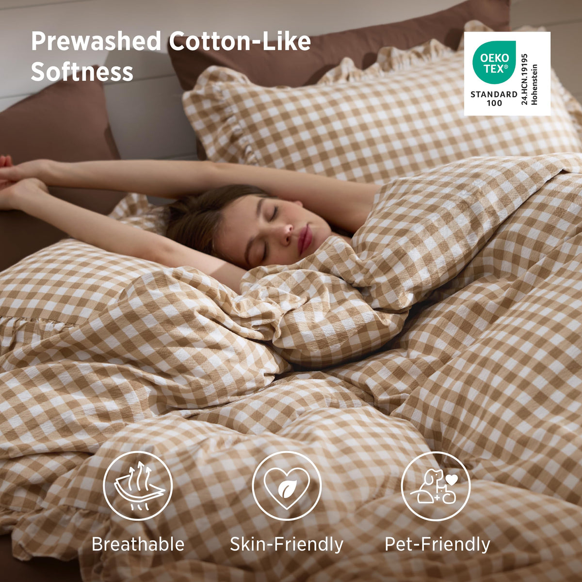 Brown Gingham Ruffle Duvet Cover Set, Cotton-Like Quilt Cover