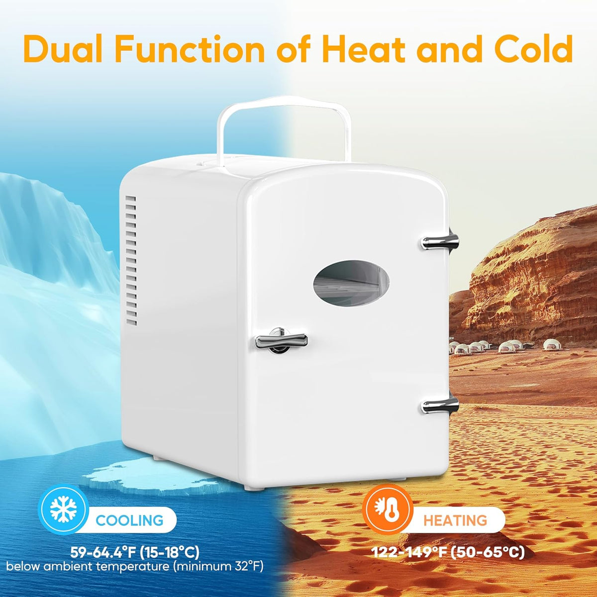 Mini Fridge, 6L/9 Can Skincare Beverage Small Refrigerator for Bedroom, Office, Dorm, Car, 100% Freon-Free Cooler and Heater Compact Refrigerators with Observation Window, White