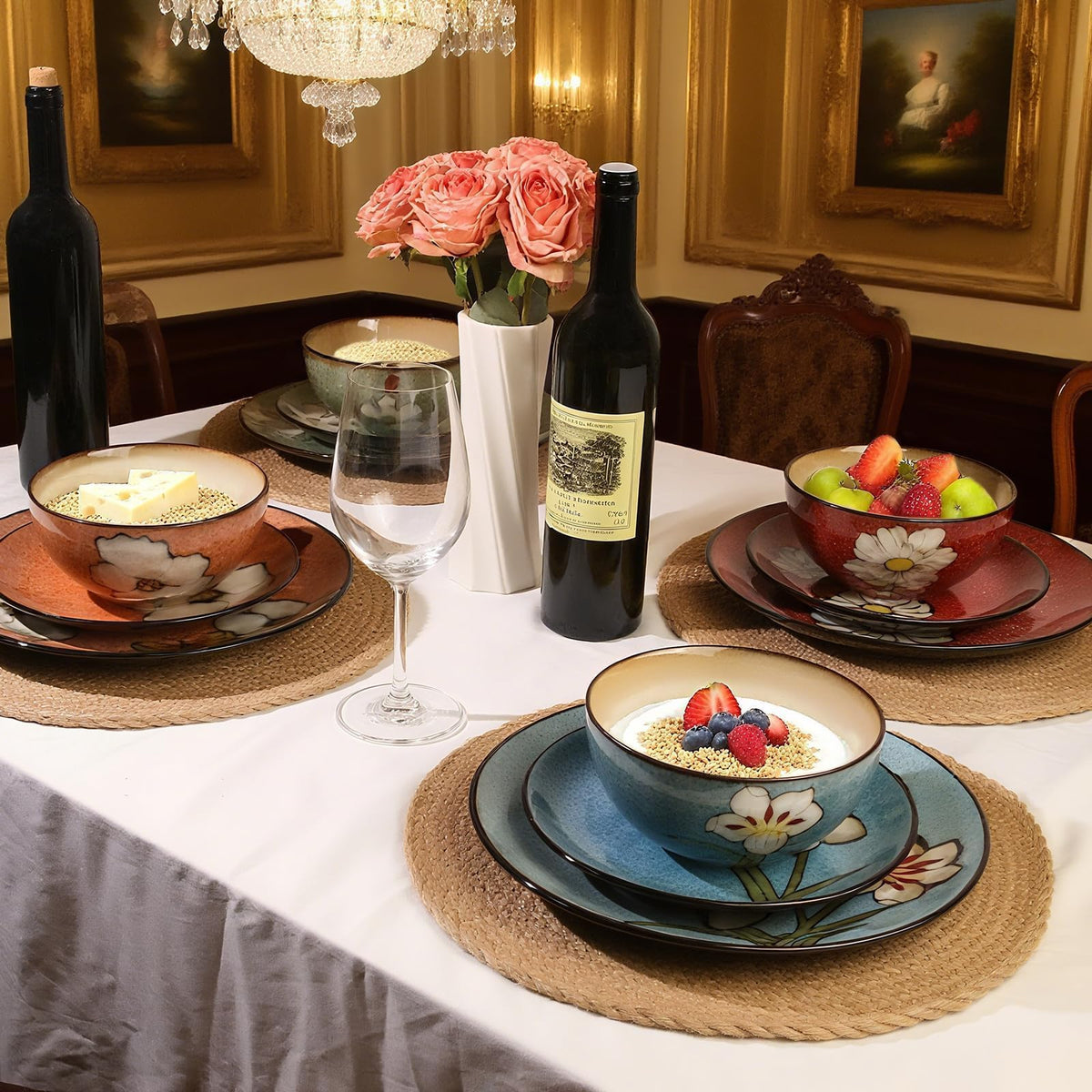 Plates and Bowls Sets,12 Pieces Kiln Changed Glaze Ceramic Dinnerware Set,Dishes Set for 4,Highly Chip and Crack