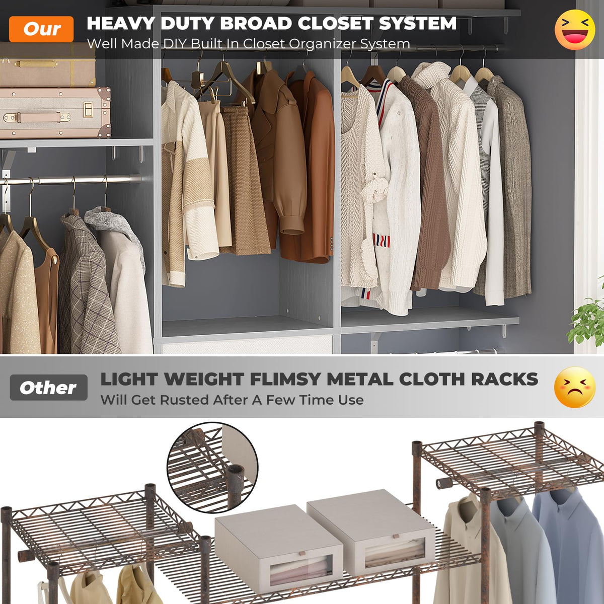 5FT Small Closet System with 3 Fabric Drawers, 60 Inches Walk In Closet Organizer System With 3 Adjustable Shelves