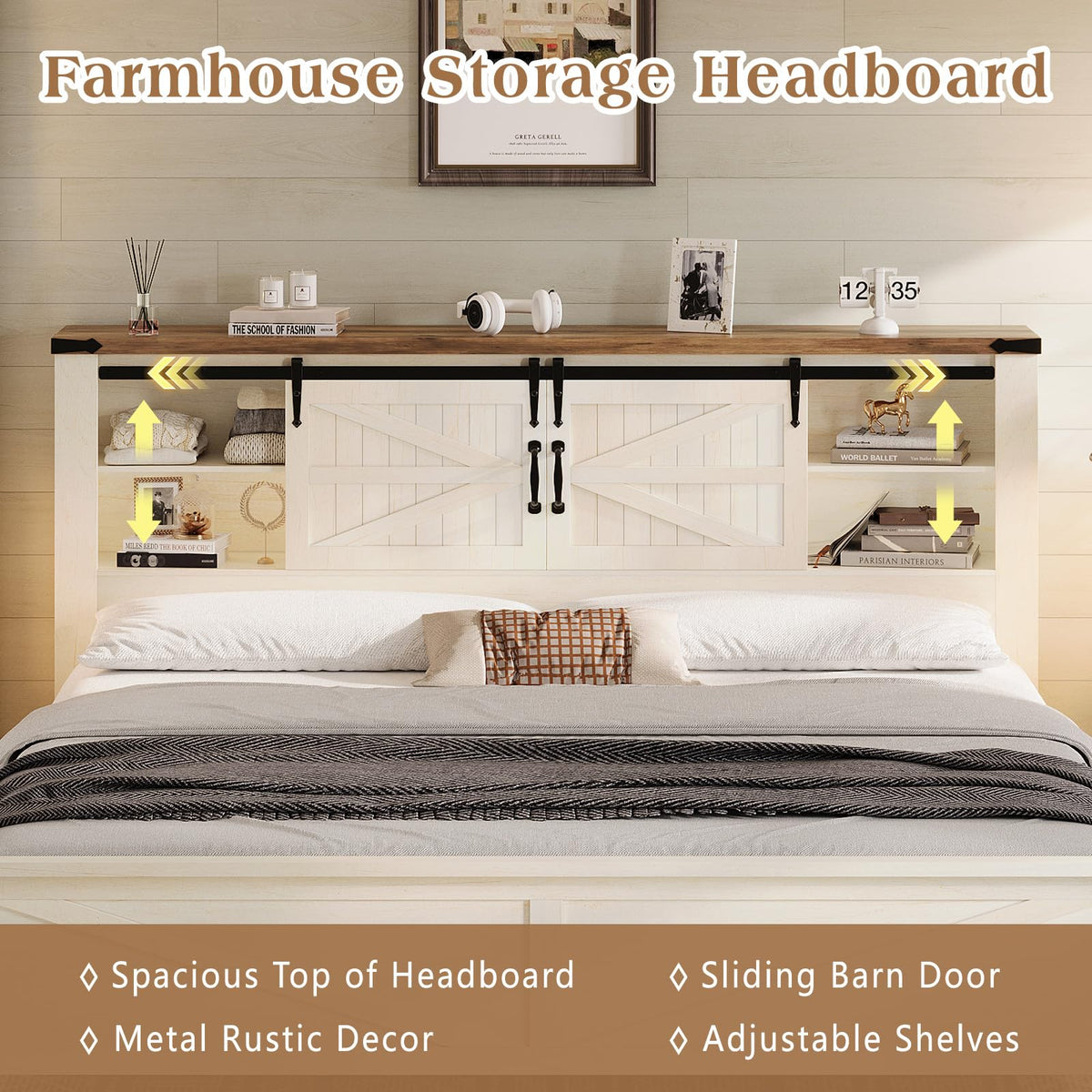 Farmhouse Platform Bed with Storage Headboard