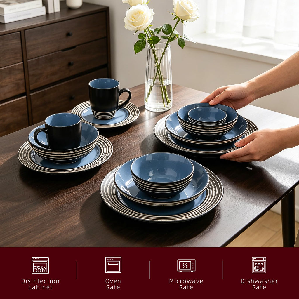 48 Piece Dinnerware Set, Ceramic Plates and Bowls Sets for 8, Microwave and Dishwasher Safe, Handcrafted Tree Bark