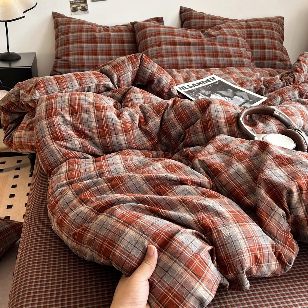 Caramel Blue Gingham Duvet Cover 100% Washed Cotton Buffalo Plaid Bedding Set 3pcs Grid Checkered Duvet Cover