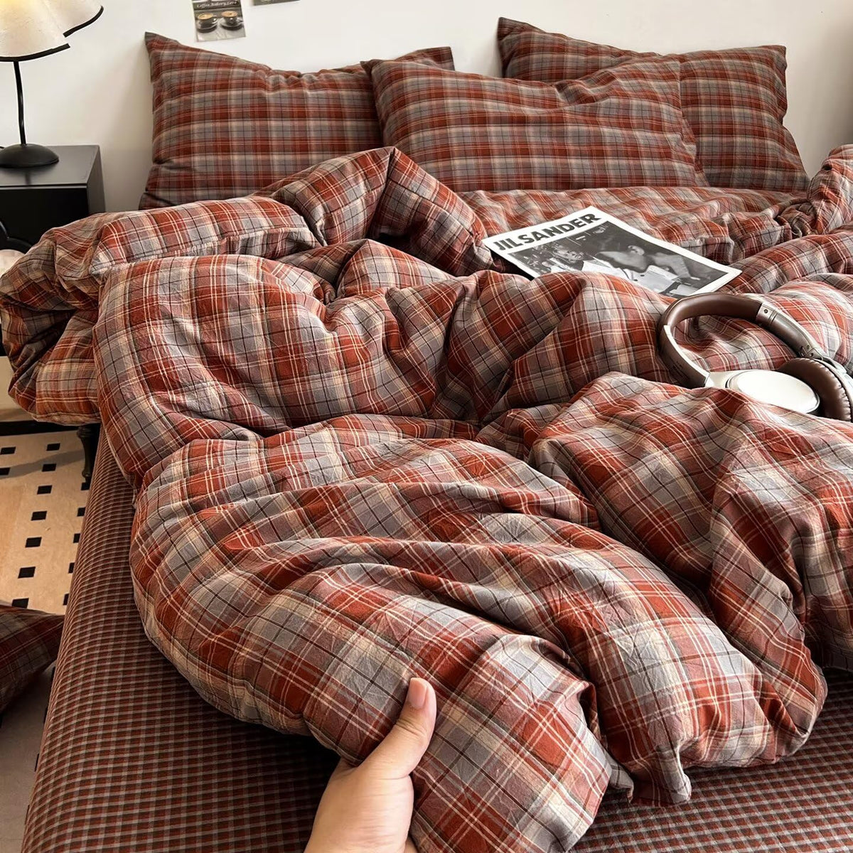 Caramel Blue Gingham Duvet Cover 100% Washed Cotton Buffalo Plaid Bedding Set 3pcs Grid Checkered Duvet Cover