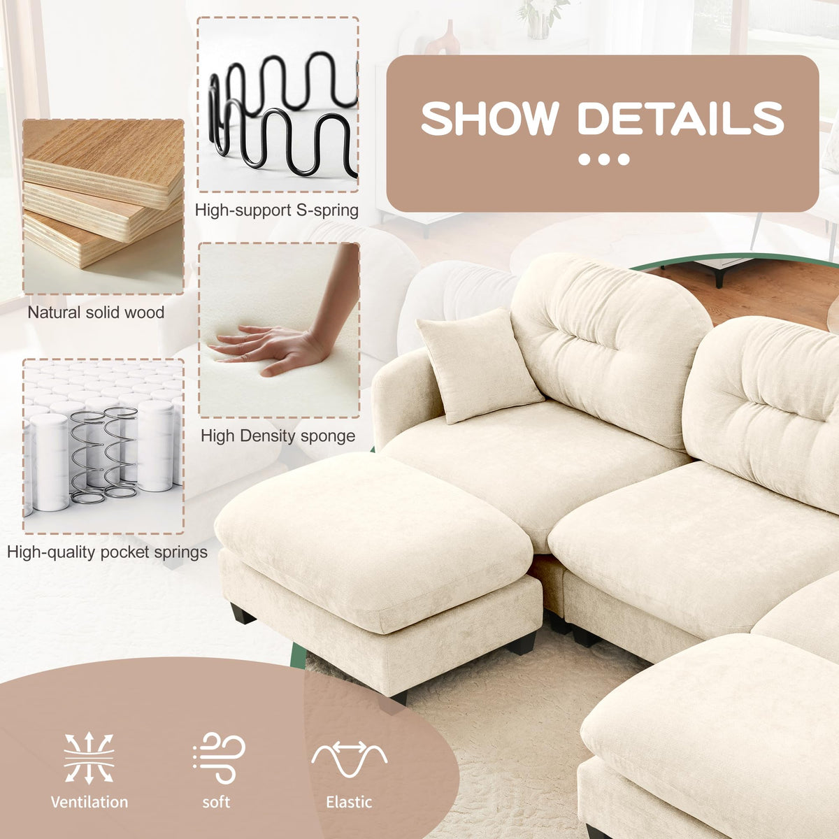 Cloud Couches, Modular Sectional Sofa, 140" U-Shape Beige