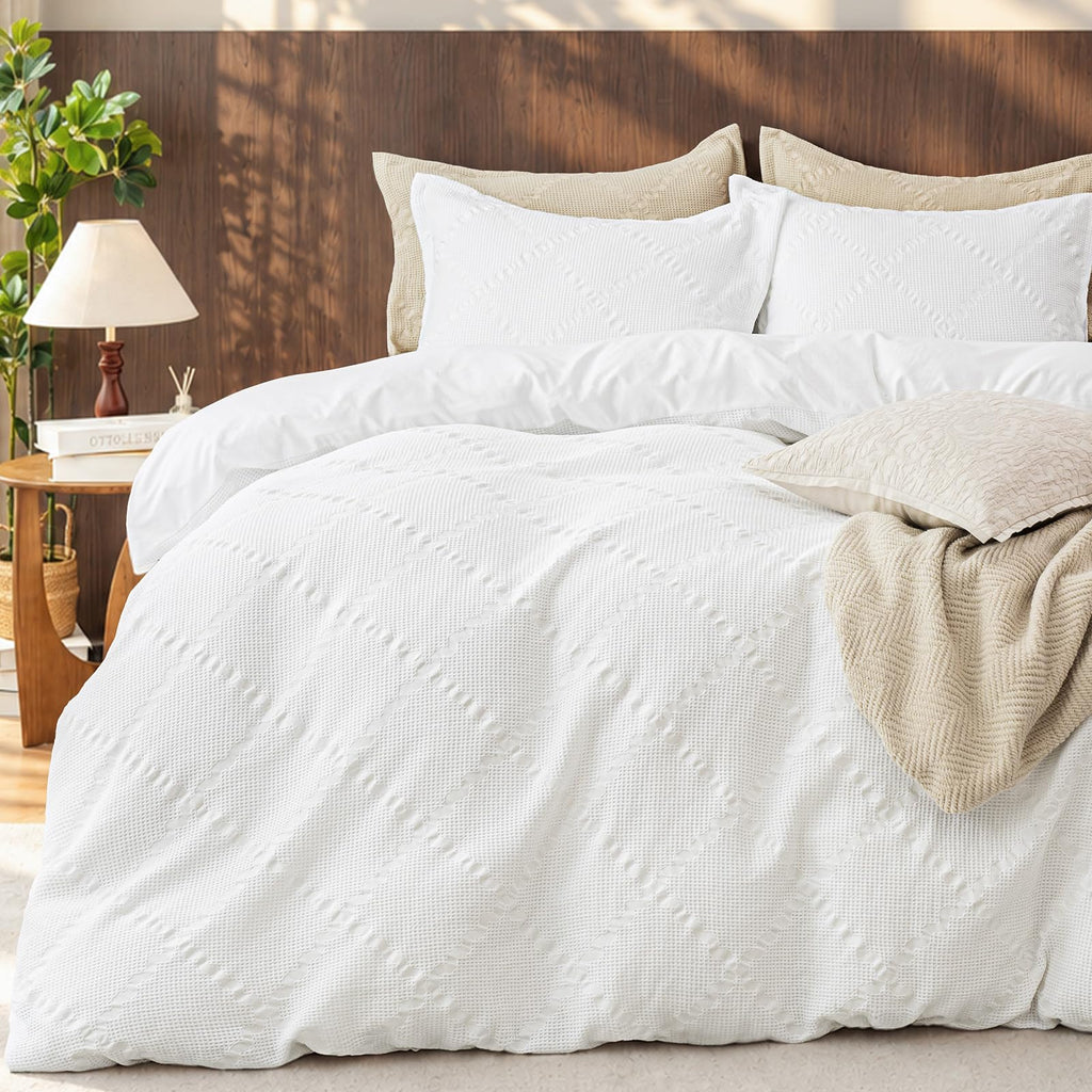 Luxury Textured Waffle Weave Duvet Cover Set, White
