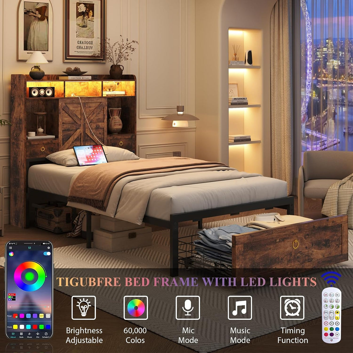Twin Bed Frame with Storage Headboard and Drawers, Farmhouse Platform Bed Frame with Charging Station & LED Lights