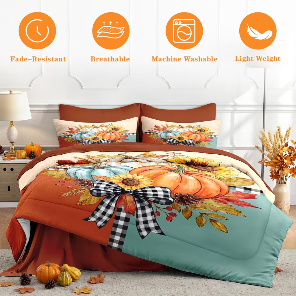 7 Pcs Fall Comforter Set, Farmhouse Pumpkin Autumn Bedding