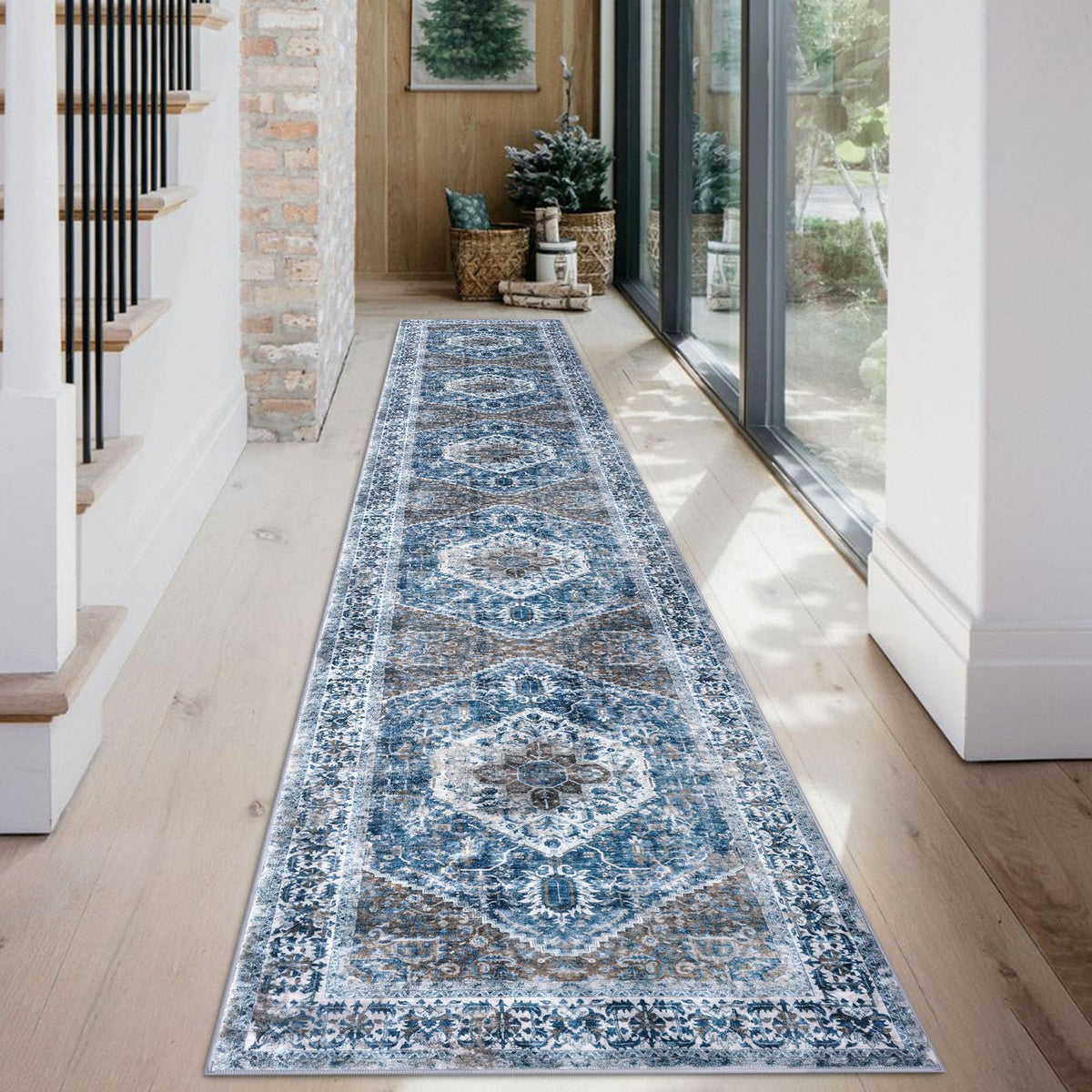 Runners s Extra Long Washable Kitchen Runner Rug Boho Runner Rug Indoor Blue Printed Oriental Faux Wool Stair