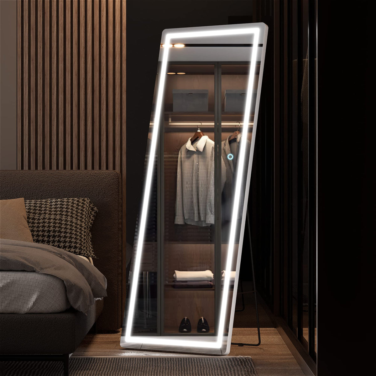 Full Length Mirror with Lights, 65" x 22" LED Floor, Full Body Dressing Standing, Hanging Mounted Mirror, Round White