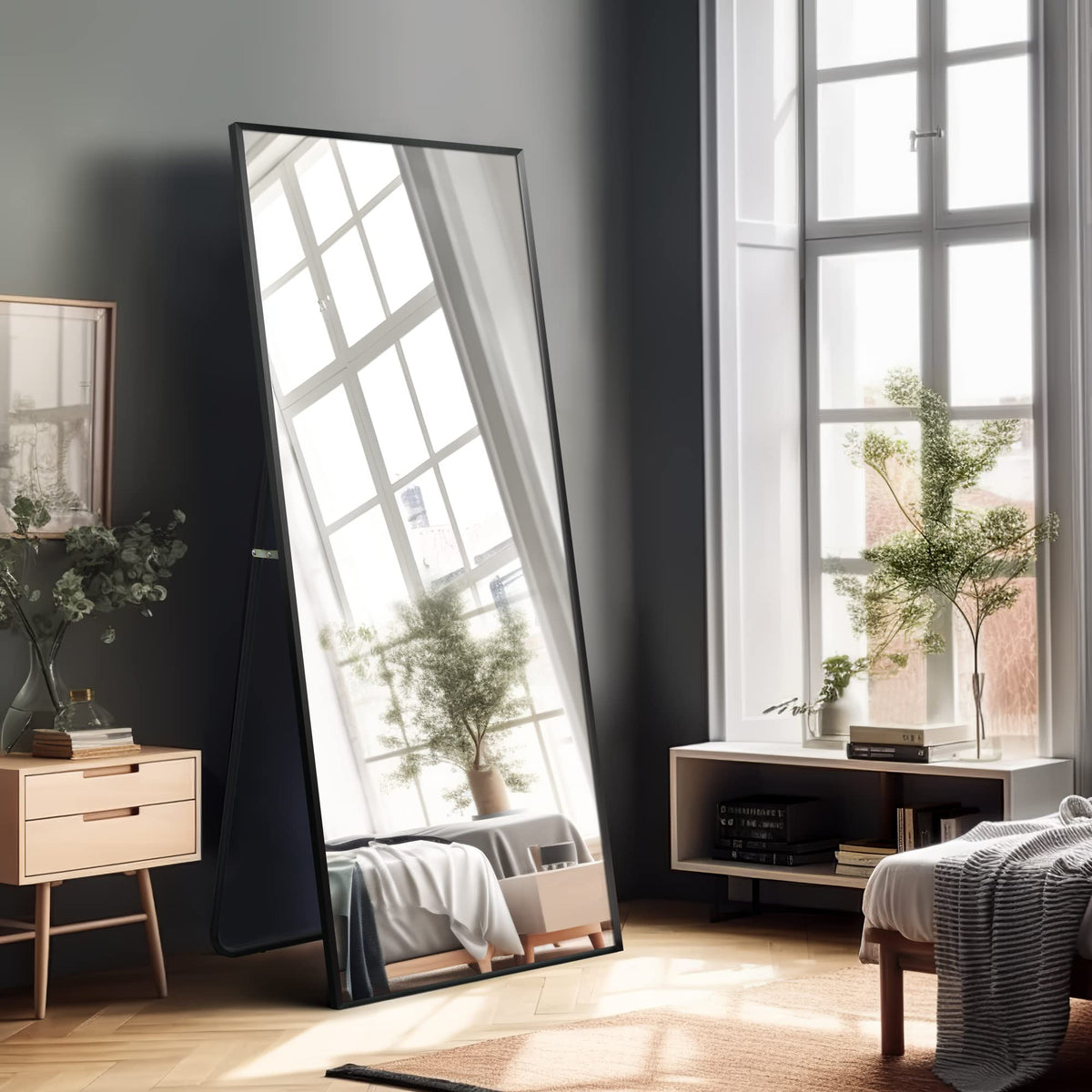 Full Length Mirror, 64"x21" Body Mirror with Stand Floor Standing Wall-Mounted Hanging or Leaning Against Wall