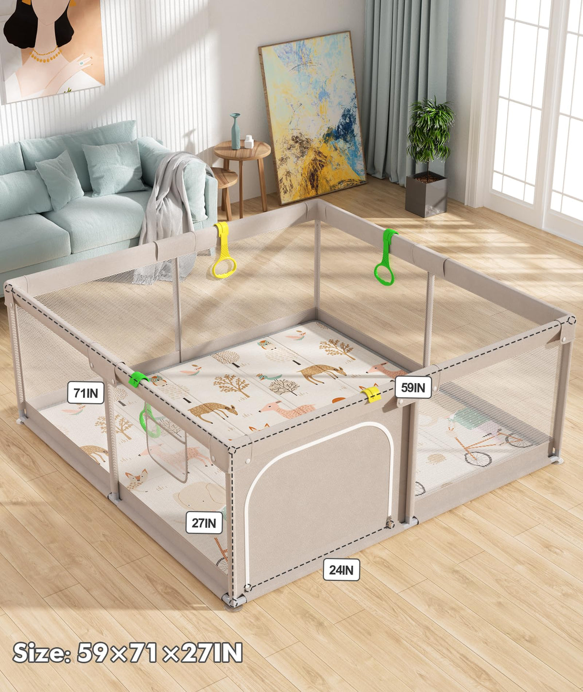 Baby Playpen with Mat, 71x59in Playpen for Babies and Toddlers, Grey