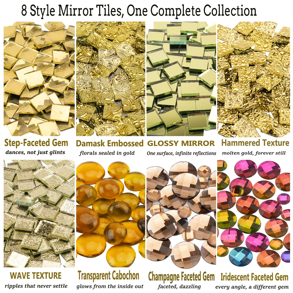 1000g 20MM Golden Mirror Glass Tiles for DIY Mosaic, Assorted Textured Square Tiles and Faceted Glass Gems in