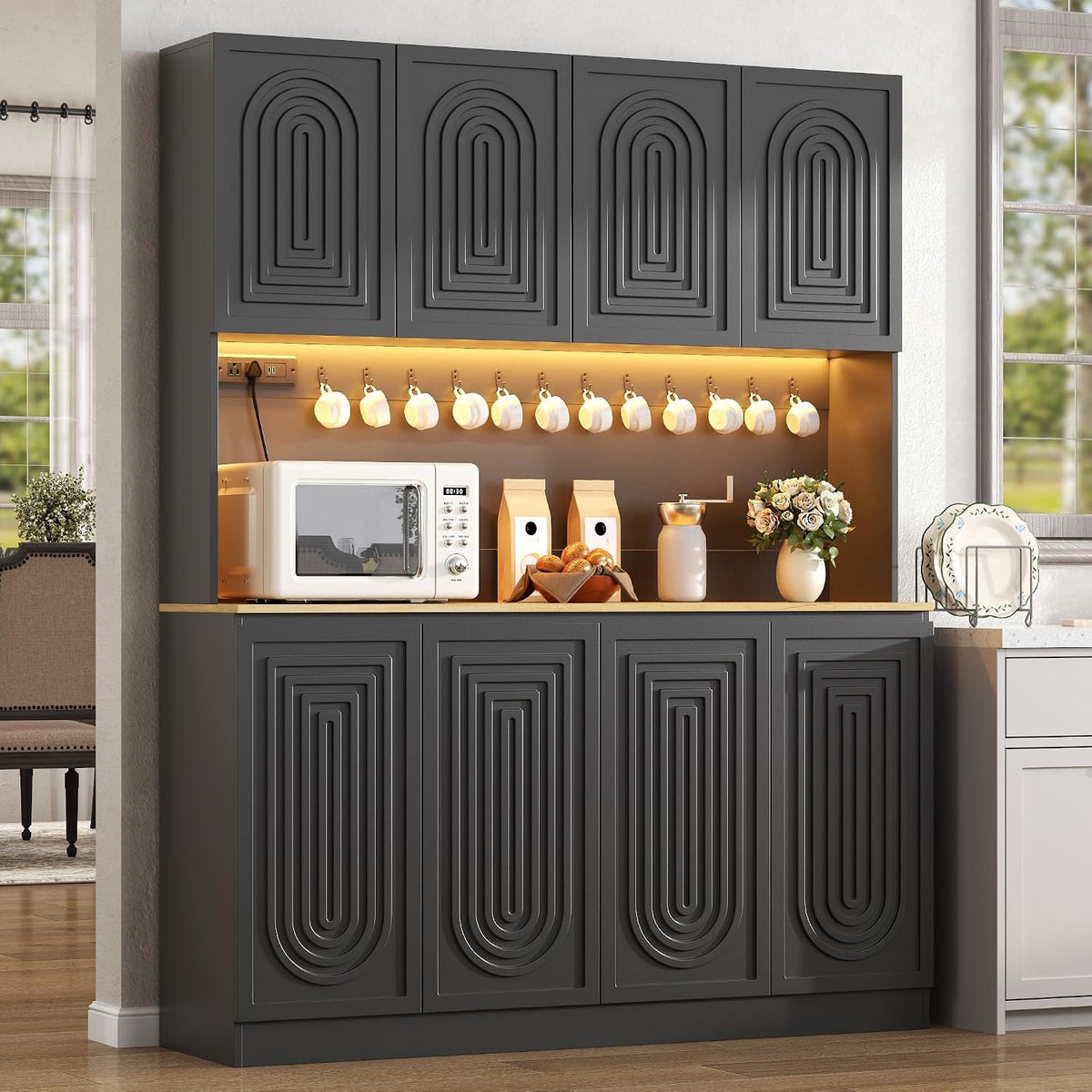 71" Kitchen Pantry with Power Outlet & LED Light, Large Kitchen Hutch Cabinet with Adjustable Shelf, Modern Buffet