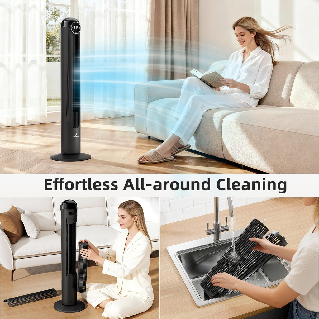 T42 Tower Fan, 42 Inch DC Brushless Motor Bladeless Oscillating Fan with Remote, 6 Speeds & 4 Modes,LED Display, 9H