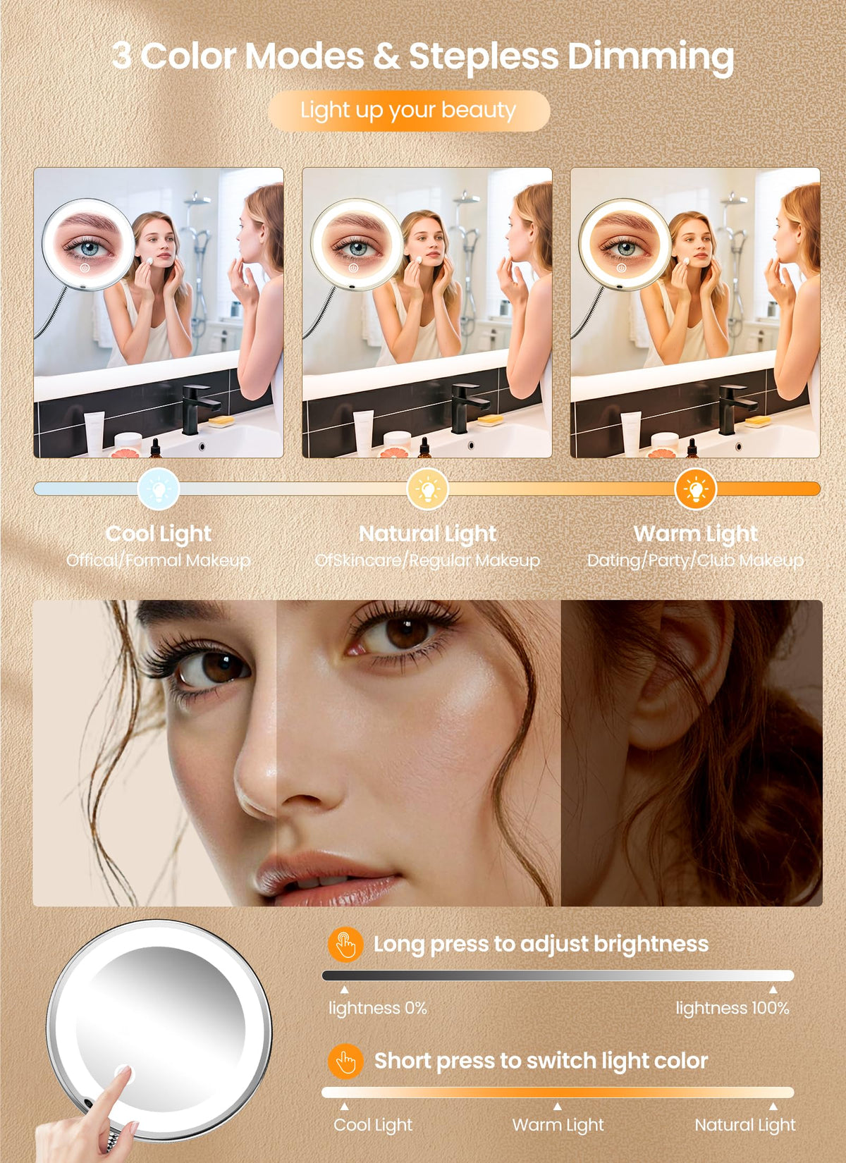 10x Makeup Mirror with Lights, Flexible Magnifying Mirror 3 Light Modes