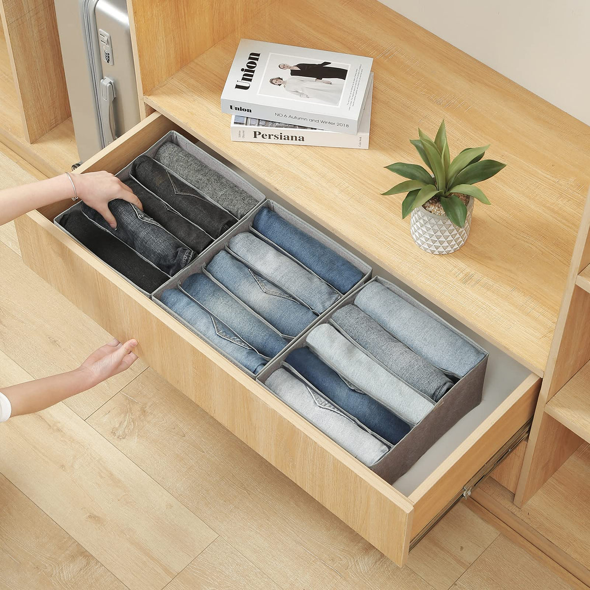 Pants Jeans Organizer for Closet, 4 Pack Drawer Organizers for Clothing, 5 Grids Wardrobe Clothes Storage for Deep