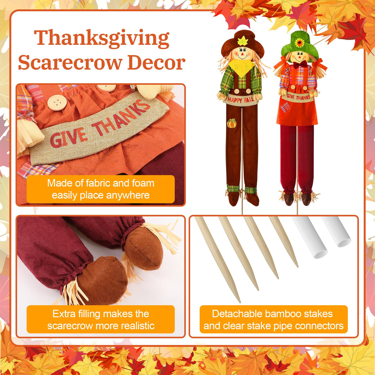 2 Pack Fall Scarecrow Outdoor Decorations, Plaid, Cute, 60''