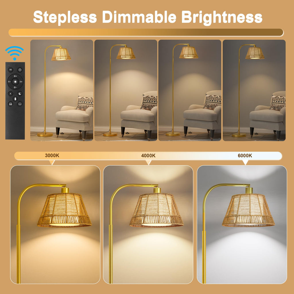 Arc Floor Lamp with 3 Color Temperatures, Farmhouse Floor Lamps with Remote & Dimmable Bulb, Rattan Boho Floor Lamp