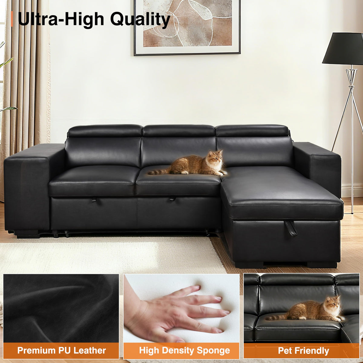 102'' Black Leather L Shaped Sectional Sleeper Sofa with Pull Out Bed