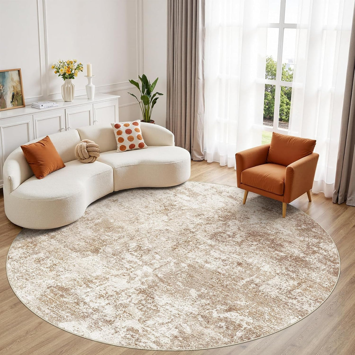 Round Area Rug - Abstract Washable Large Soft Foldable Non Slip Rug Neutral Modern Low Pile Carpet
