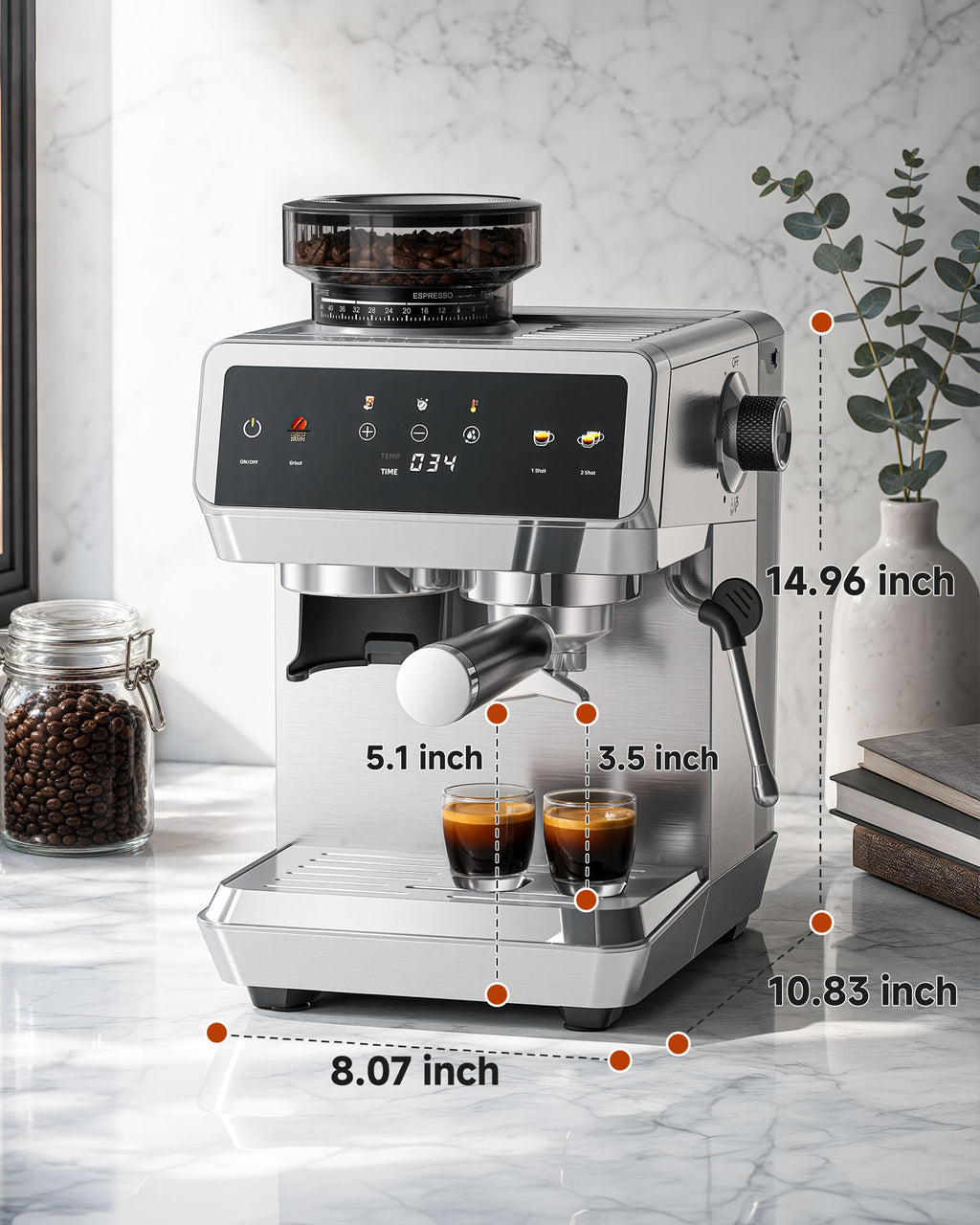Espresso Machine With Grinder, Temp Control, 44 Grind Settings