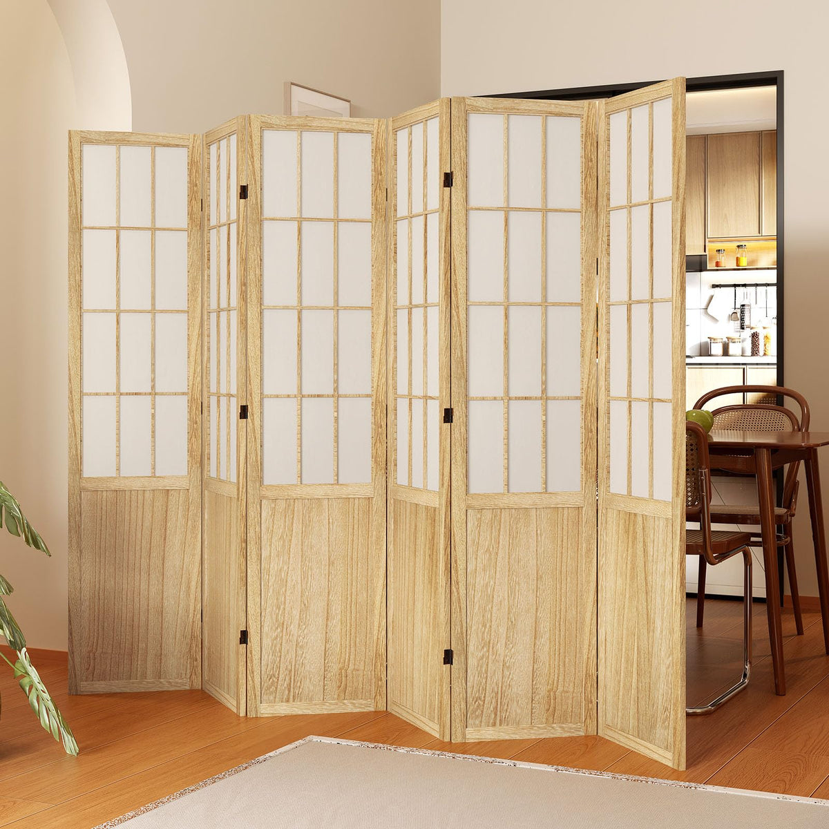 Room Divider, 66.9Inch Tall Japanese Shoji Style Folding Wood Screen with Double Hinges Bedroom Hotel Decoration