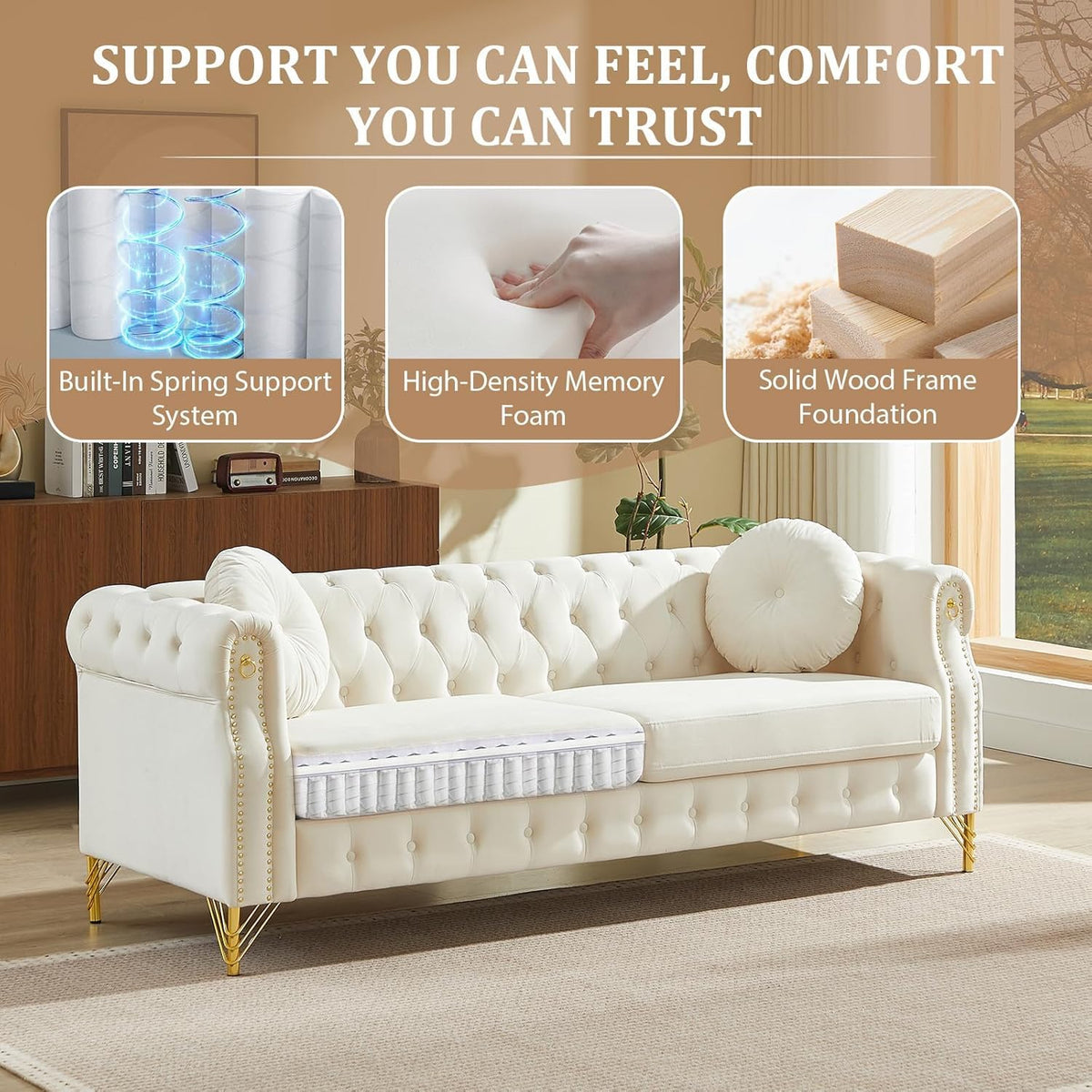 82" Velvet Chesterfield 3-Seater Sofa with Rolled Arms & Nailhead Trim, Modern Upholstered Button Tufted Couch with