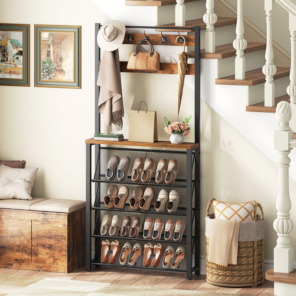 Hall Tree with Bench, Narrow Shoe Rack with Coat Rack, Coat Rack with Shoe Storage, 5 Tier Slanted Shoe Storage