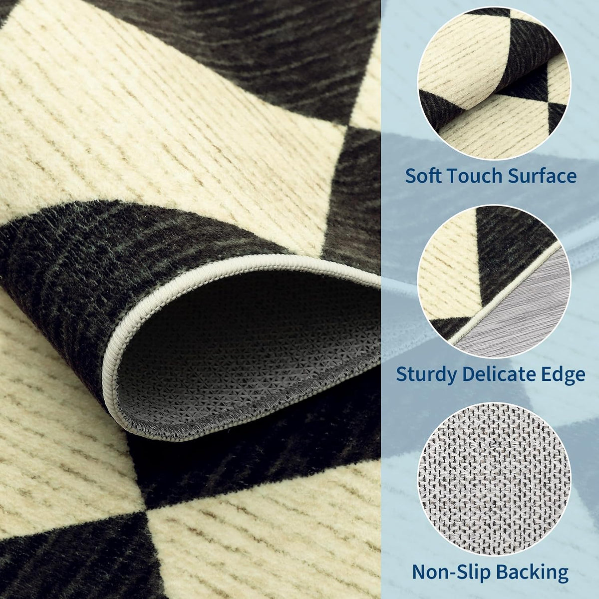 Checkered Diamond Runner Rug 2x6, Washable Non-Slip, Black & Beige
