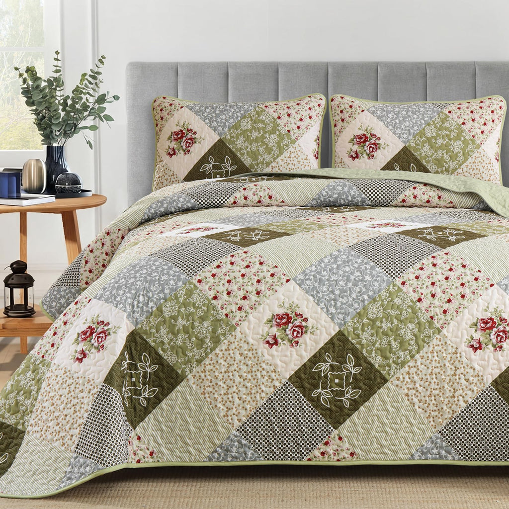 Patchwork Quilt Set, Boho Bedding Set, Oliver Green