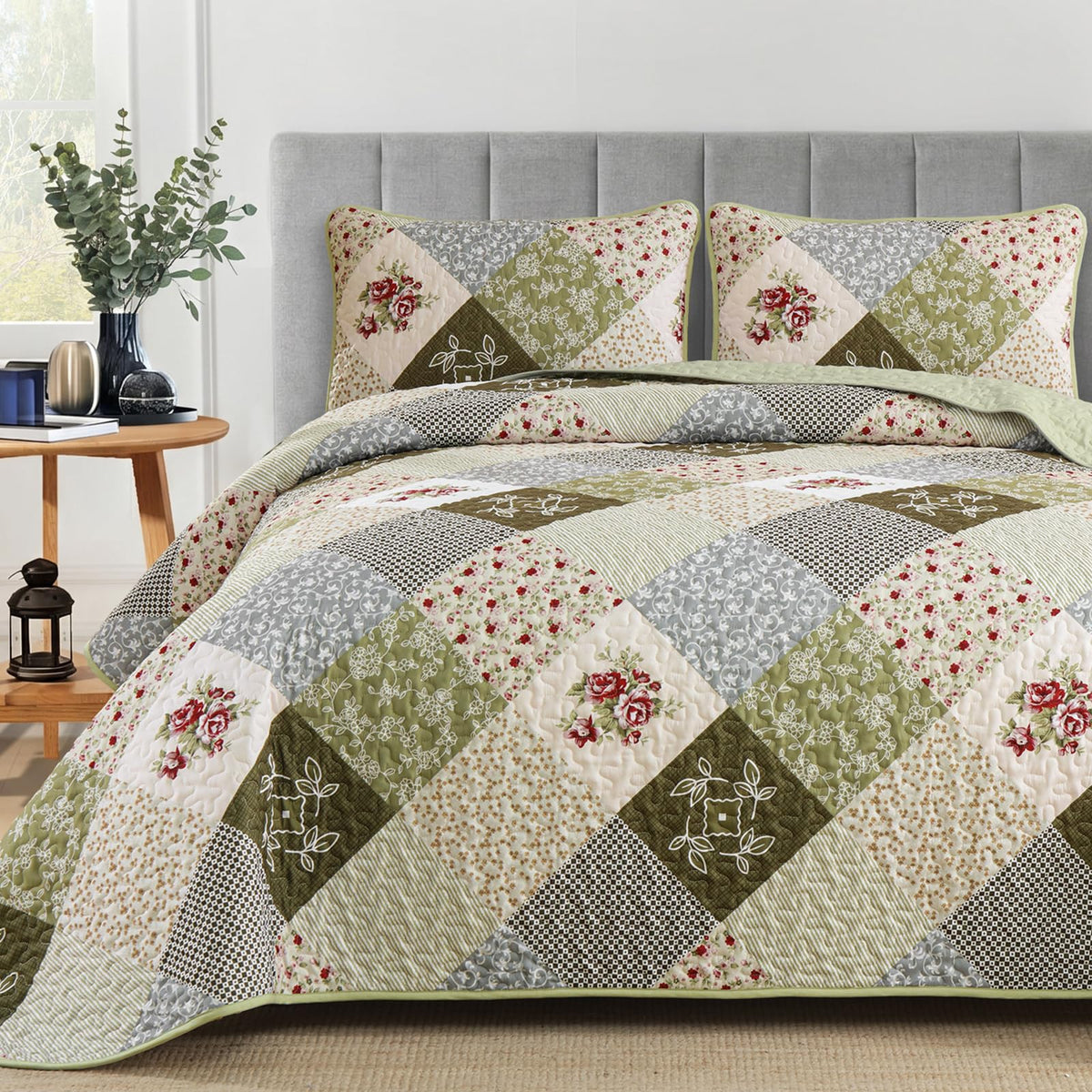 Patchwork Quilt Set, Boho Bedding Set, Oliver Green
