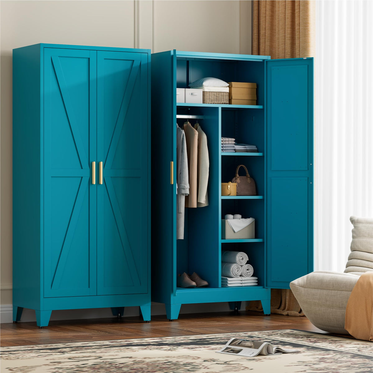 71" Tall Metal Wardrobe Closet with Adjustable Shelves and Hanging Rod, 2 Doors Office Storage Locker Cabinet