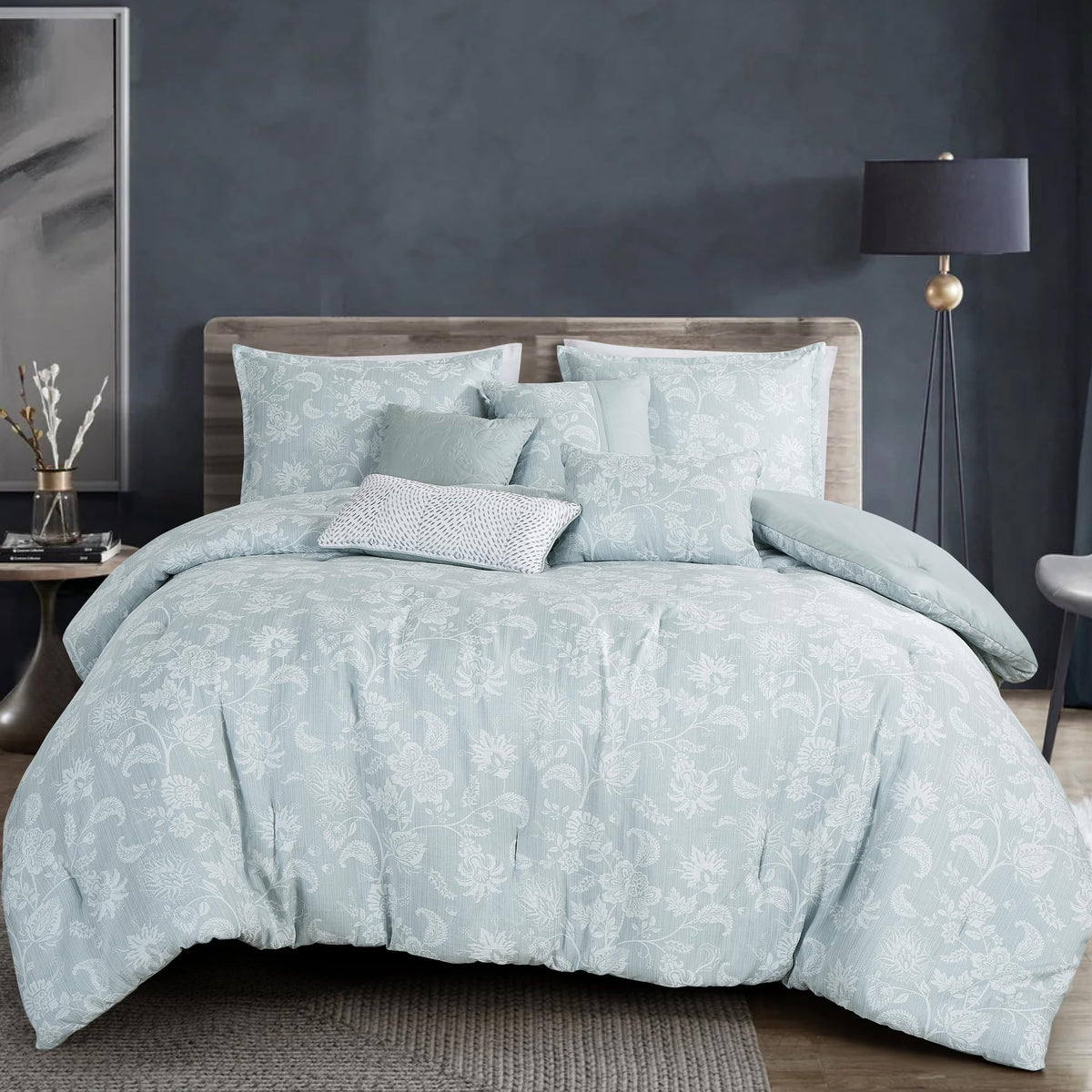 Sage Green Jacquard Comforter Set 7 Piece Floral Damask Bedding Queen Size