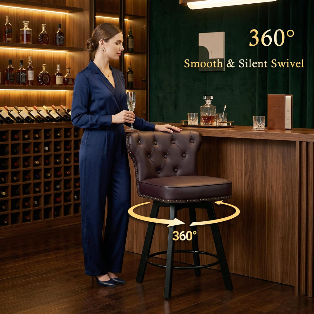 Counter Height Bar Stools Set of 2, 26" Mid-Century Swivel Bar Stool with Metal Base Island, Rivet Armless Faux PU
