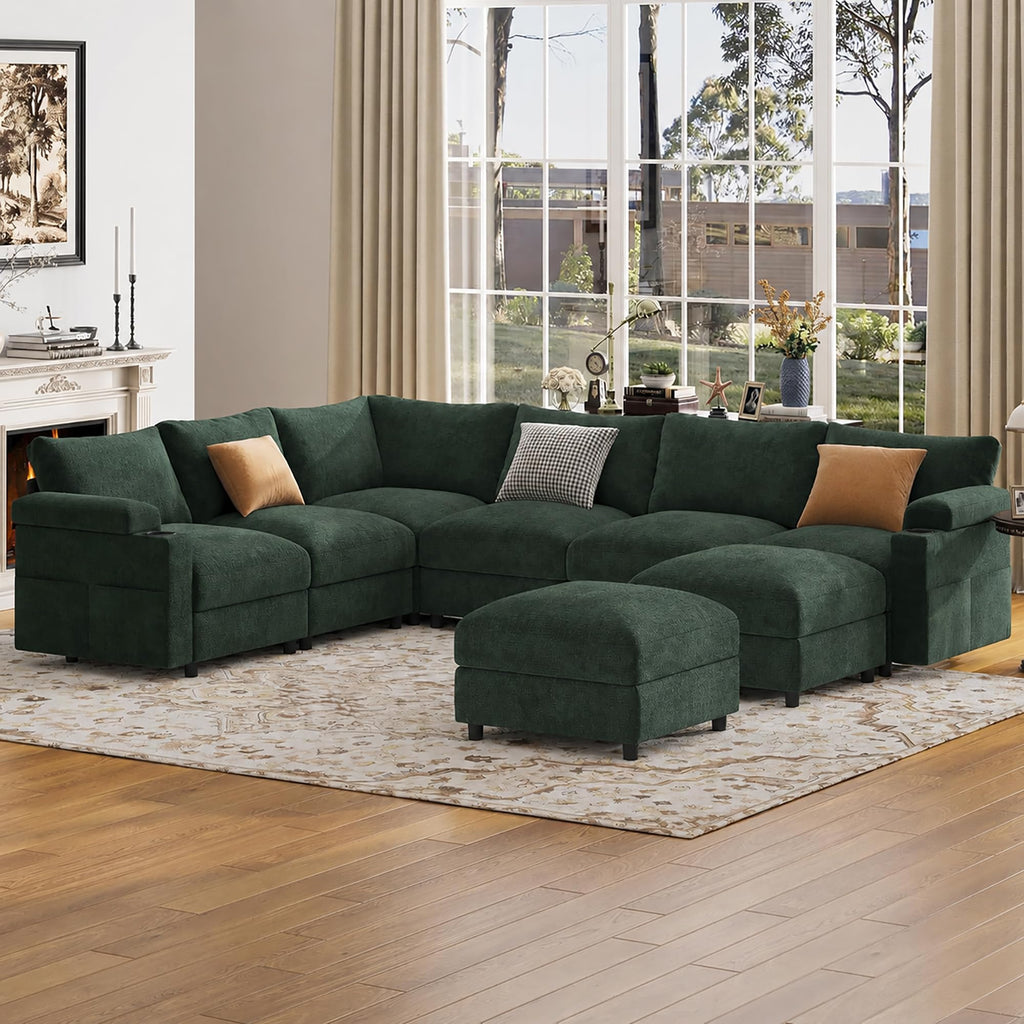 Sectional couches, Oversized Modular Cloud U Shaped Couch, FSC Certified Chenille, Removable Chaise Sofa (Green, U