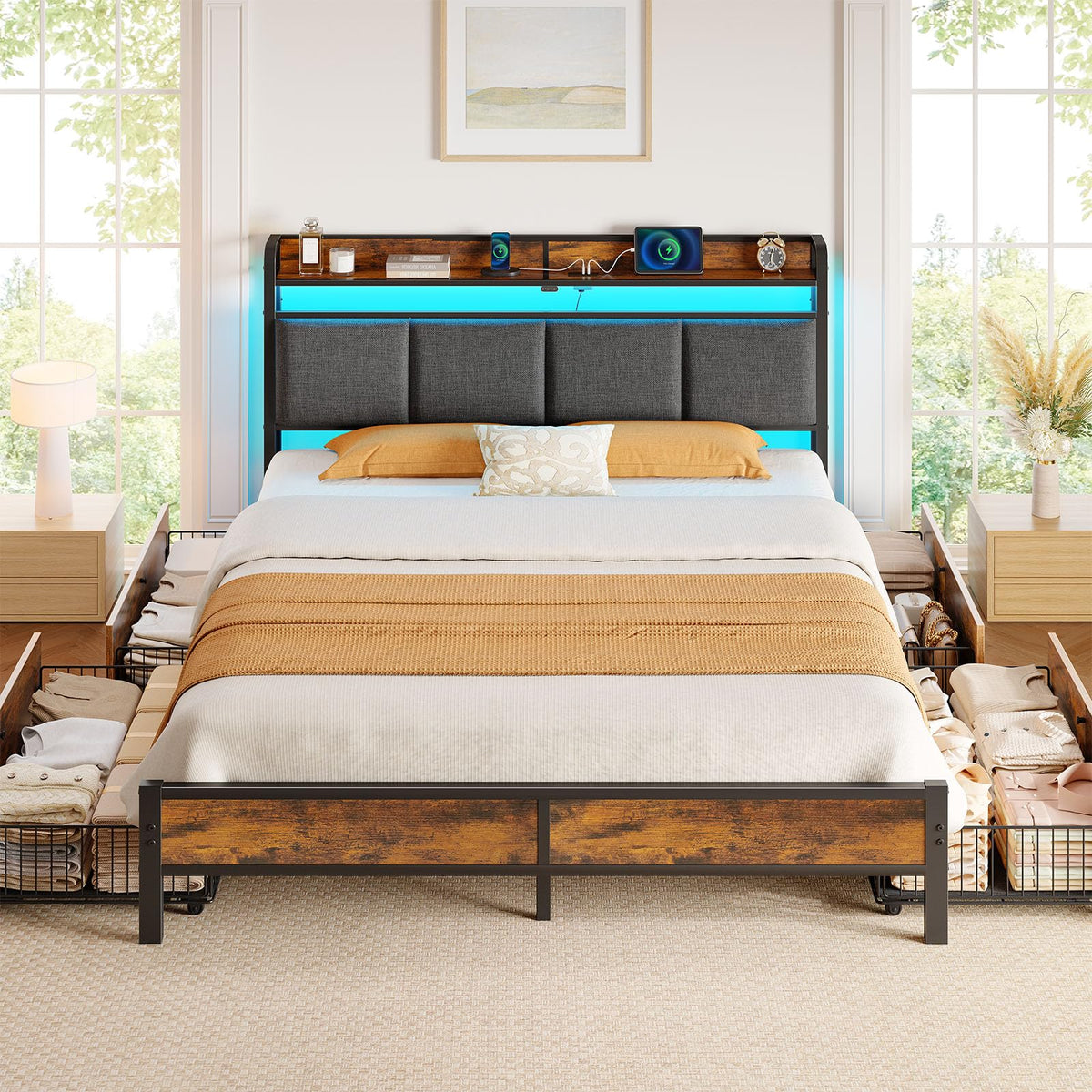 Bed Frame Full Size with Charging Station and LED Lights, Upholstered Storage Headboard with Drawers, Heavy Duty