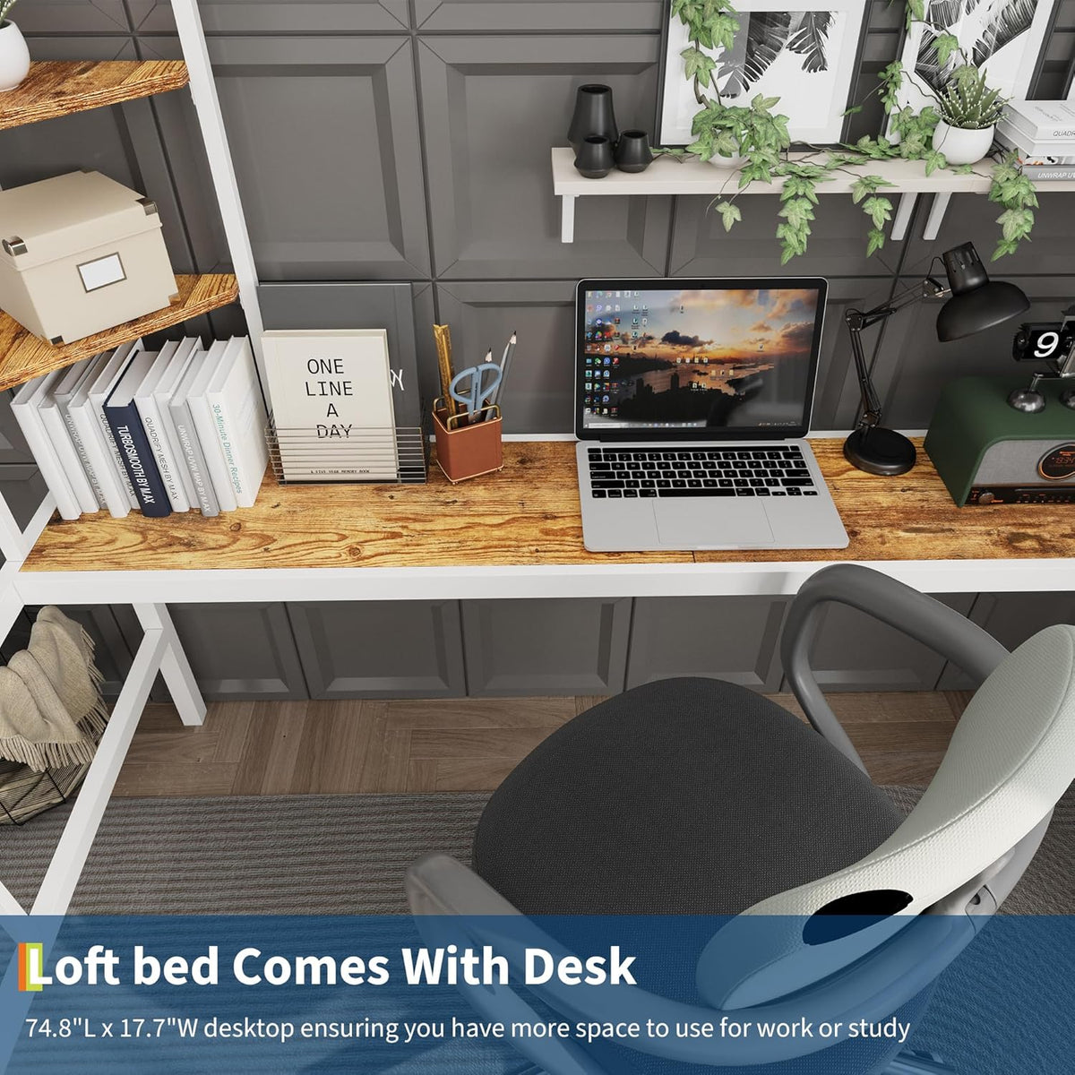 Twin Loft Bed with Large Desk and Storage Shelves