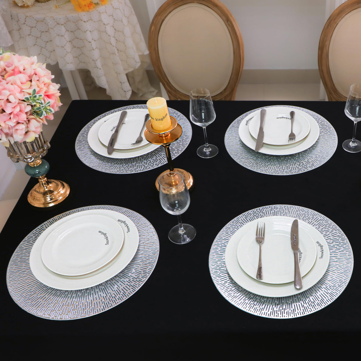 Silver Round Placemats Set of 6, 15 Inch Metallic Pressed Vinyl Place Mats, Easy Clean Non Slip Heat Resistant