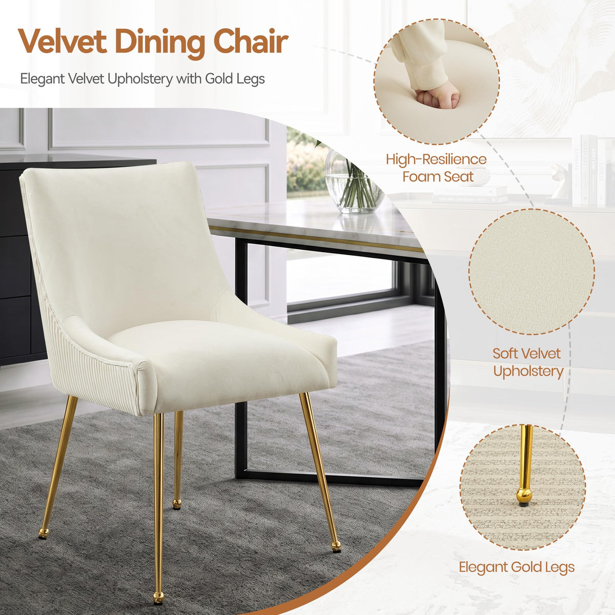Velvet Dining Chairs Set of 6 Gold Legs, Upholstered Velvet Accent Chairs, Pleated Back Design & Gold Pull Handle, Mid