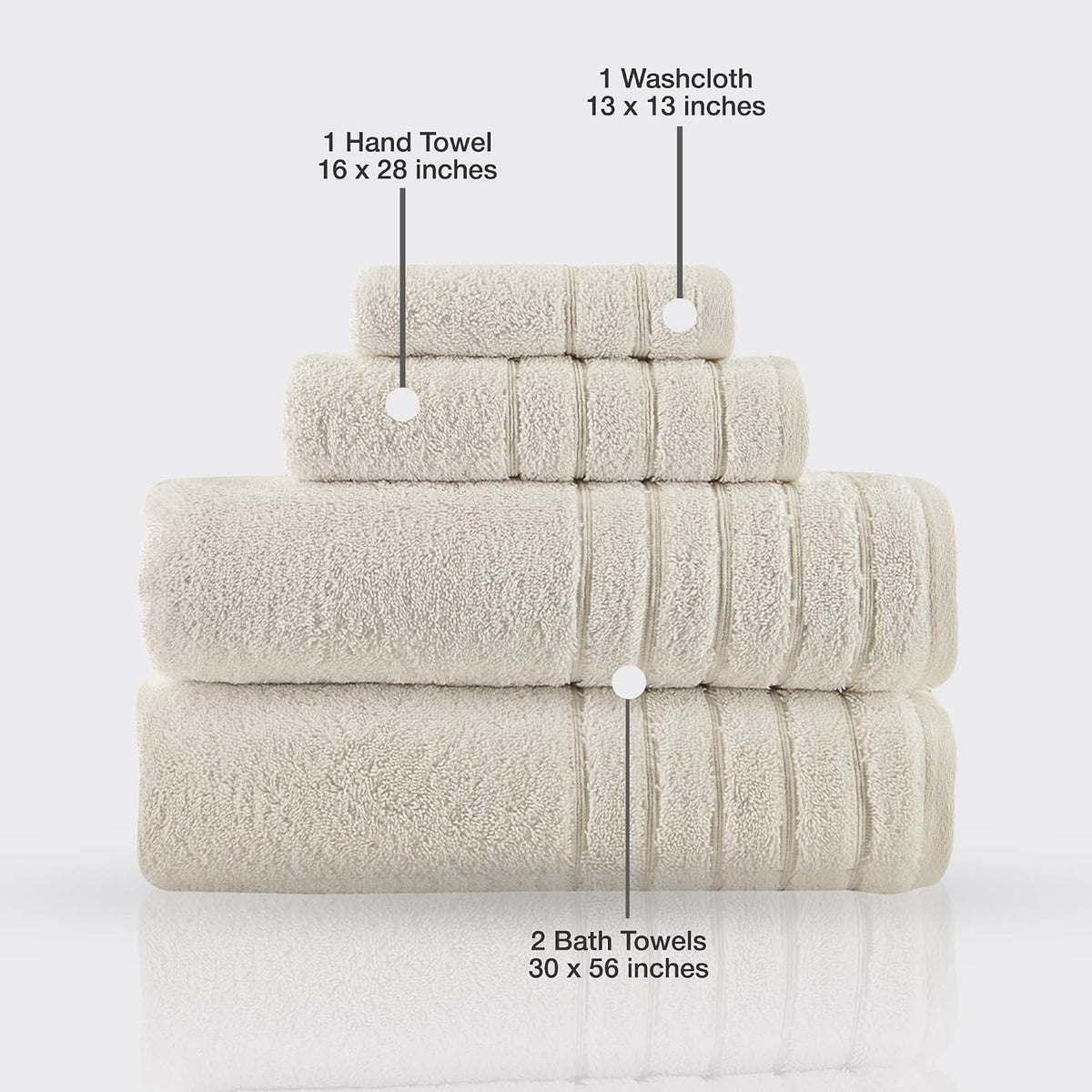 Luxury 4 Piece Towels Set, Made with 100% Turkish Cotton, Highly Absorbent & Comfy, Includes 2 Bath Towels, 1 Hand