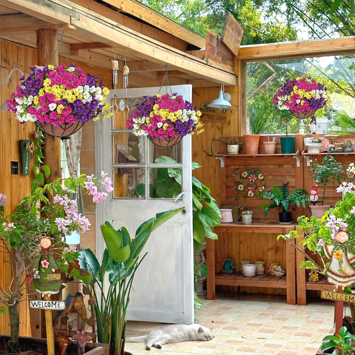 2 Set Artificial Hanging Flowers Plants Basket for Outdoors Indoor Decor